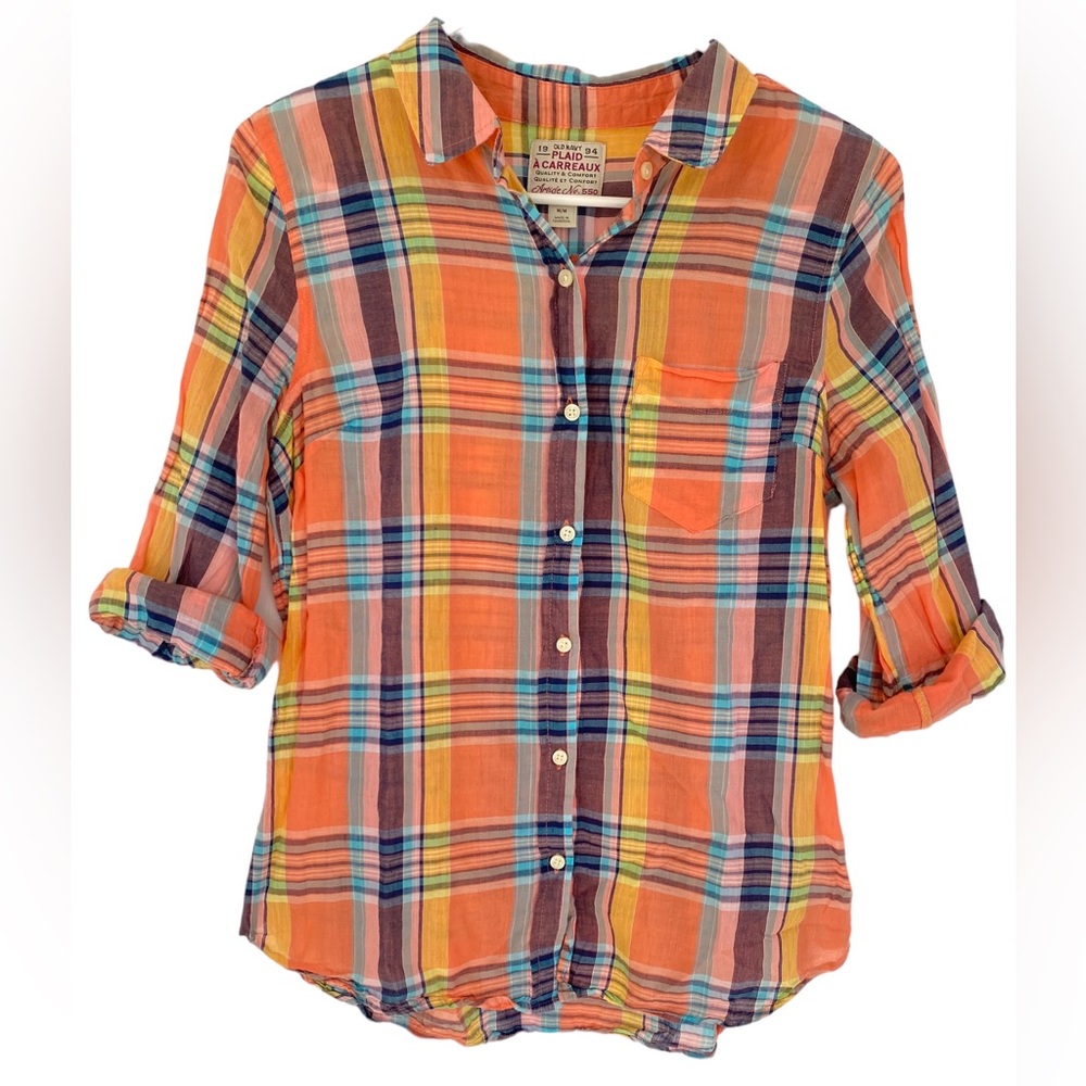 🔵OLD NAVY | SUMMER ORANGE, BLUE PLAID SHIRT